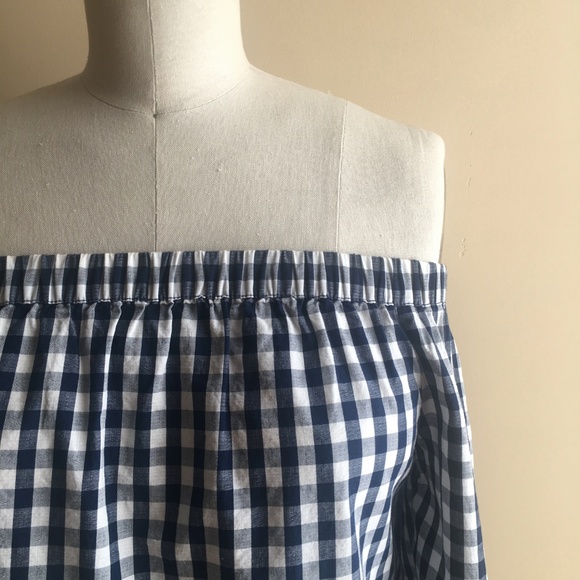 Off The Shoulder Navy Gingham Checked Top - Picture 4 of 5